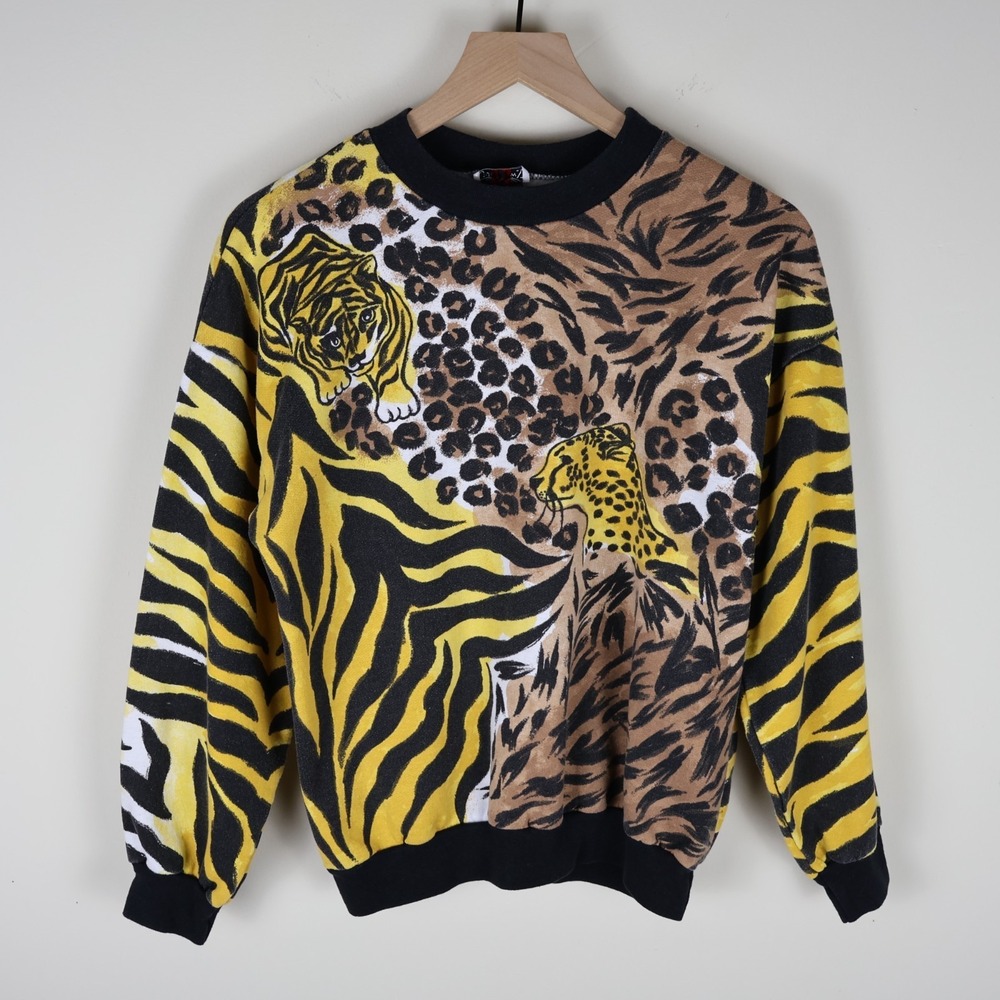 Vintage Cheetah Print All‎ Over Print Sweatshirt Women's L/XL 21.5x23